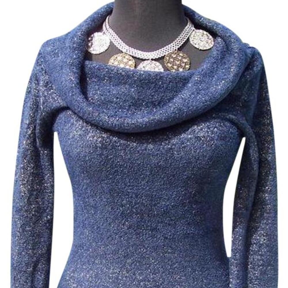 Cache Navy Metallic Exaggerated Oversize Collar Top New SOFT Sweater NWT $98 - Picture 2 of 6